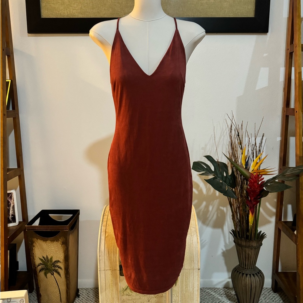 Fashion Nova Orange/Red Dress XS Knee Length V-Neck Spaghetti Straps Bodycon